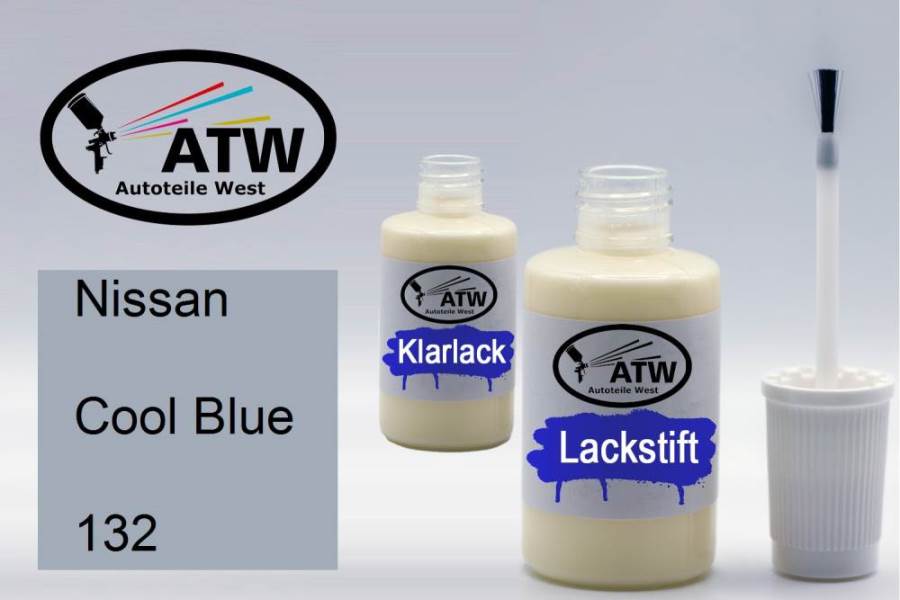 Nissan, Cool Blue, 132: 20ml Lackstift + 20ml Klarlack - Set, von ATW Autoteile West.